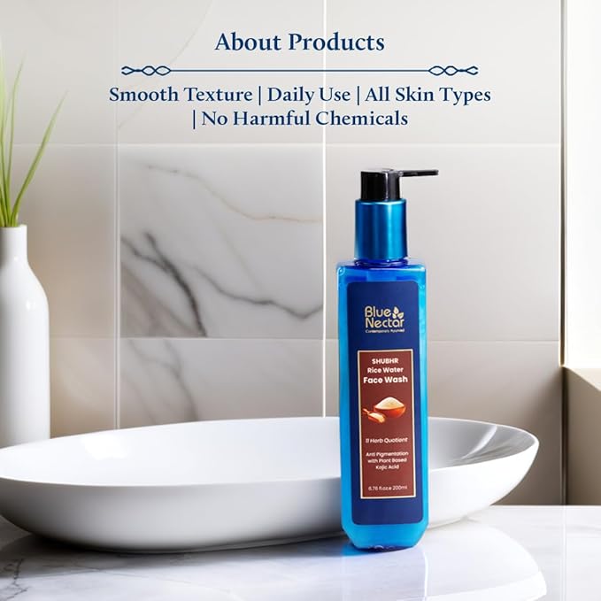 Blue Nectar Rice Water Face Wash with 2% Kojic Acid for Pigmentation | Face Cleanser for Oily, Dry & Sensitive Skin | Face Wash for Women & Men (11 Herbs, 6.76 Fl Oz)