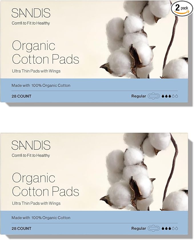 SANDIS Feminine Pad for Women - Regular 56 Count 100% Organic Cotton Ultra Thin with Wings for Periods Menstrual Pads Sanitary Napkins Super Absorbency Leak Protection