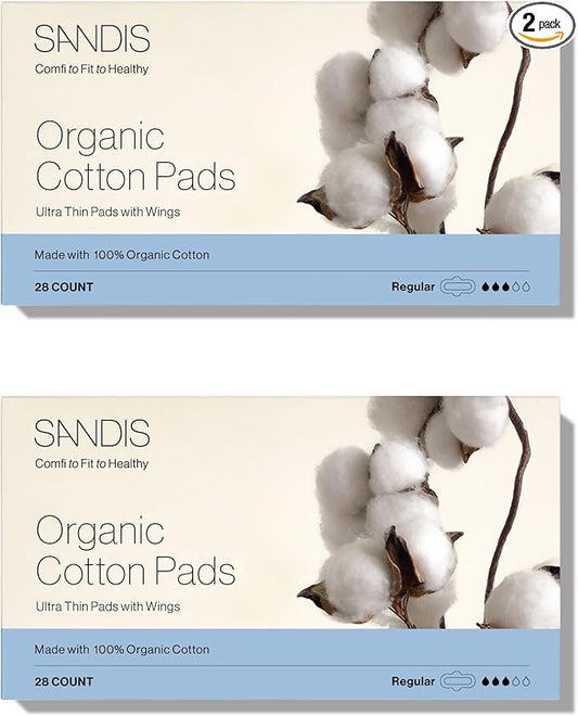 SANDIS Feminine Pad for Women - Regular 56 Count 100% Organic Cotton Ultra Thin with Wings for Periods Menstrual Pads Sanitary Napkins Super Absorbency Leak Protection