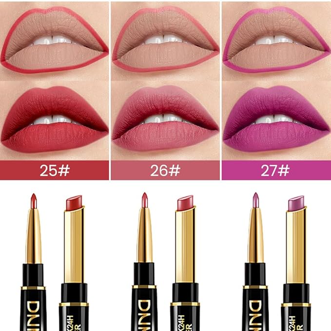 BINGBRUSH 3Pcs Double Ended Light Red Purple Matte Lip Liner and Lipstick Makeup Combo Set for Women,Lipliner 24 Hours Original Waterproof Long Lasting Lip Stains Pencil Kit Set
