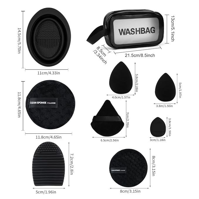 MAANGE 30pcs Professional Makeup Brush Set With Velvet Bag&5pcs Beauty Blender&2pcs Makeup Remover Puff&5pcs Triangle Powder Puff&3pcs Mini Thumb Puff&Toiletry Bag&2pcs Cleaning Mat (Blacksliver)