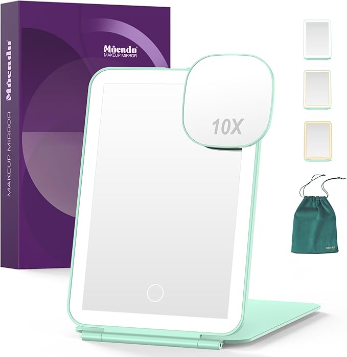 Mocado LED Foldable Travel Makeup Mirror - 5x7 inches3 Colors Light Modes USB Rechargeable Touch Screen, Portable Tabletop Cosmetic Mirror for Travel, Cosmetic, Office (Green)