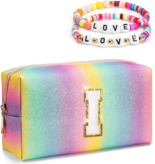 Personalized Flower Girl Gifts for Girls Preteens, Preppy Initial Make up Bag, Toiletry Pouch for Skincare Lip Gloss, Cute Girly Bag for Teen, Birthday Gifts for Daughter Granddaughter (Small)