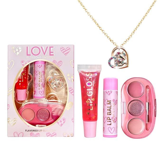 4-Piece Heart Charm Beauty Bundle - Squeeze Gloss and Lip Care and Make up Set for Girls, Unicorn Jewelry Gift Set for Teens
