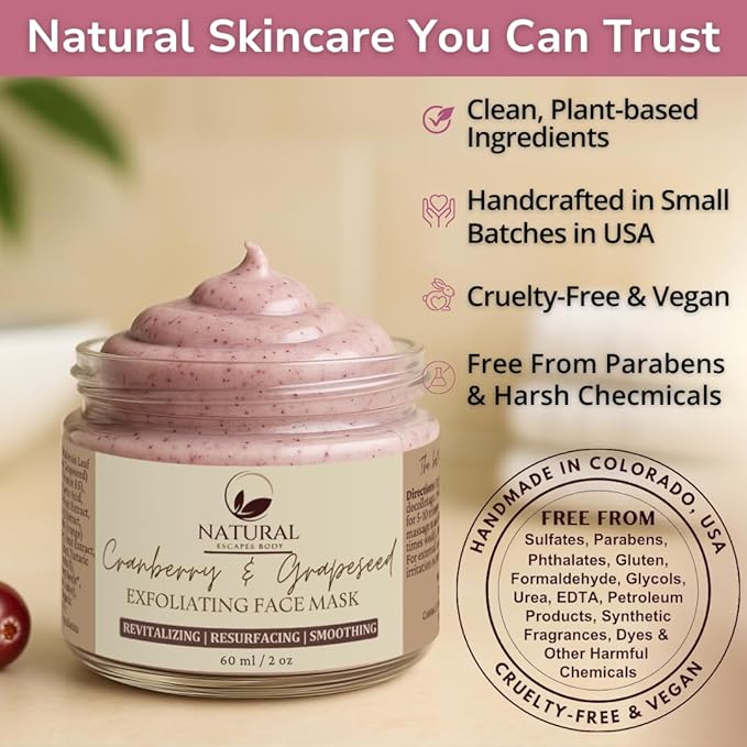 Natural Escapes Cranberry & Grapeseed AHA Exfoliating Clay Face Mask | Hydrating, Resurfacing, Anti-Aging Facial Masque for Fine Lines, Pores & Elasticity