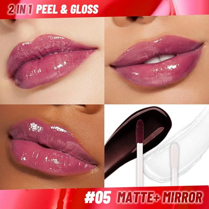 Berry Purple Lip Stain Peel off Lip Oil Dual Ended Combo Set, 2 in 1 Lips Liner Stain Oil Peel off Long Lasting Waterproof, High Pigmented Flawless Lips Tint Stick Not Faded Vegan & Cruelty-free 05#