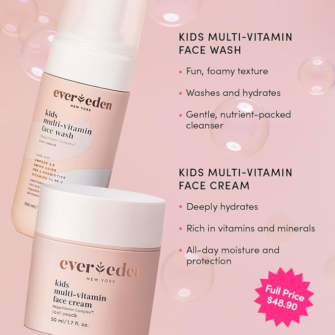 Evereden Kids Happy Face Duo (Cool Peach) - Multi-Vitamin Face Wash & Face Cream Set - Clean & Vegan Skin Care for Kids 3+ - Moisturizing, Nourishing, & Protective Skin Care Set