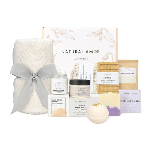 Natural Amor 8-Piece Spa Gift Set with Blanket – Self-Care Box with Lavender Body Butter, Soap, Candle – Blanket with Grey Ribbon Gift for Women, Birthday, Holiday