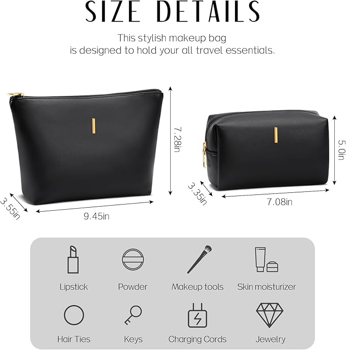 Women Gifts | Initial Makeup Bag Set for Girl Personalized Gifts for Bridesmaid Friend Graduation Teachers PU Leather Cosmetic Travel Toiletry Bag(Black,I)