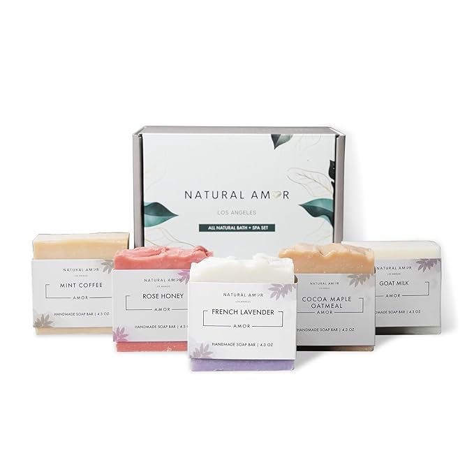 Natural Amor All Natural Bar Soap Set (5 Pack), Shea Butter Enriched, Gentle Bar for All Skin Type, Essential Oils Scented, Handmade Soap Gift Set For Women & Men