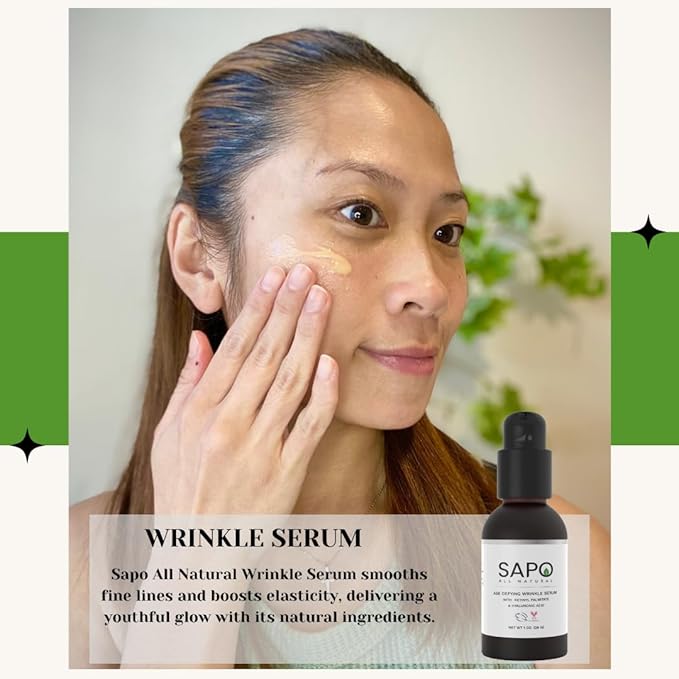 Sapo Wrinkle Serum, Bakuchiol + Retinyl Palmitate Face Serum with Peptides, Hyaluronic Acid, CoQ10 & Chamomile - Smooth, Firm & Hydrate Skin, 1 oz