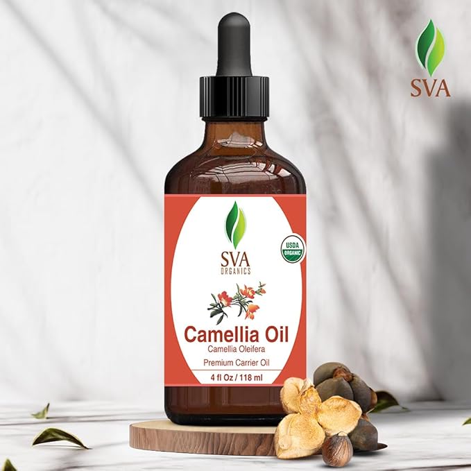 SVA Camellia Seed Oil Organic - 4 Fl Oz – 100% Natural Cold Pressed Organic Camellia Oil - for Face, Skin Care, Hair Care, Scalp Massage & Body Massage – Carrier Oil with Dropper