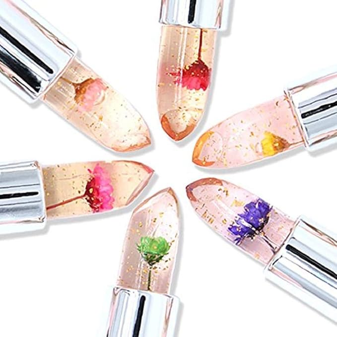 BONNIE CHOICE 6 Pcs Crystal Flower Jelly Lipstick Set, Temperature Change Moisturizer Long Lasting Flower Lip Stick Nutritious Lip Balm Magic Color Change Lip Gloss Makeup