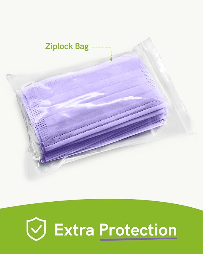 FriCARE Disposable Face Masks, 3-Ply ASTM Level 3 Medical Grade, FSA/HSA Eligible, Breathable & Comfortable for Allergy/Sun Protection, 50 Pack Purple