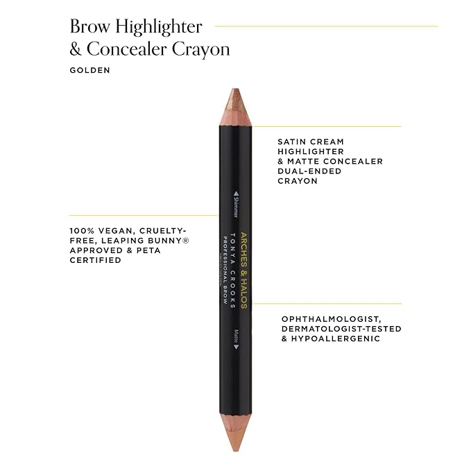 Arches & Halos Brow Highlighting and Concealer Crayon - Golden - Shaping and Shimmer Eyebrow Stick and Highlighter Duo - Soft, Ultra Creamy Formula - Define, and Sculpt for Sharp Brows - 0.176 oz