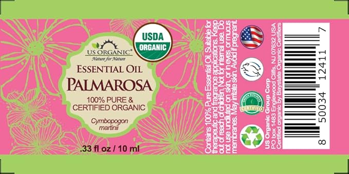 US Organic Palmarosa Essential Oil, USDA Certified Organic 100% Pure, Steam Distilled, Sourced from India (10 ml)