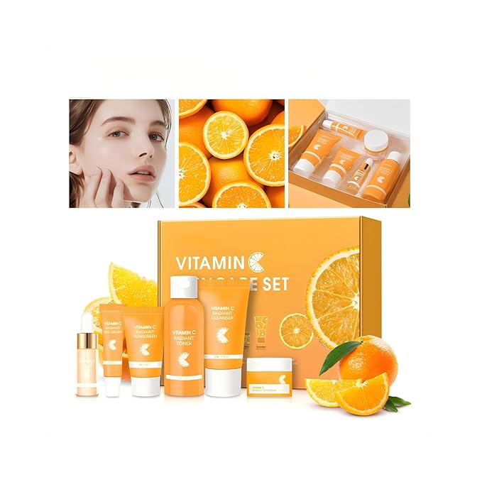 Vitamin C Skincare Set for Face - 6 Piece Kit with Cleanser, Serum, Eye Cream, Moisturizer, Sunscreen & Toner | Brightening, Hydrating & Anti-Aging | Perfect for Teens & Girls | Value Skincare Bundle
