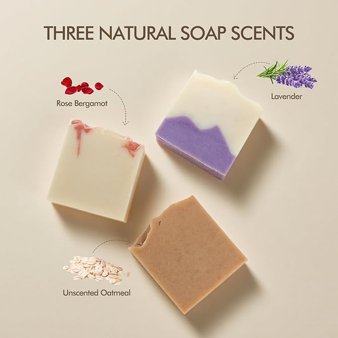 Natural Amor All Natural Handmade Soap Bar, Nourishing 3 pack- Rose Bergamot, Lavender, Unscented Oatmeal Bar Soap, 4.3 OZ each