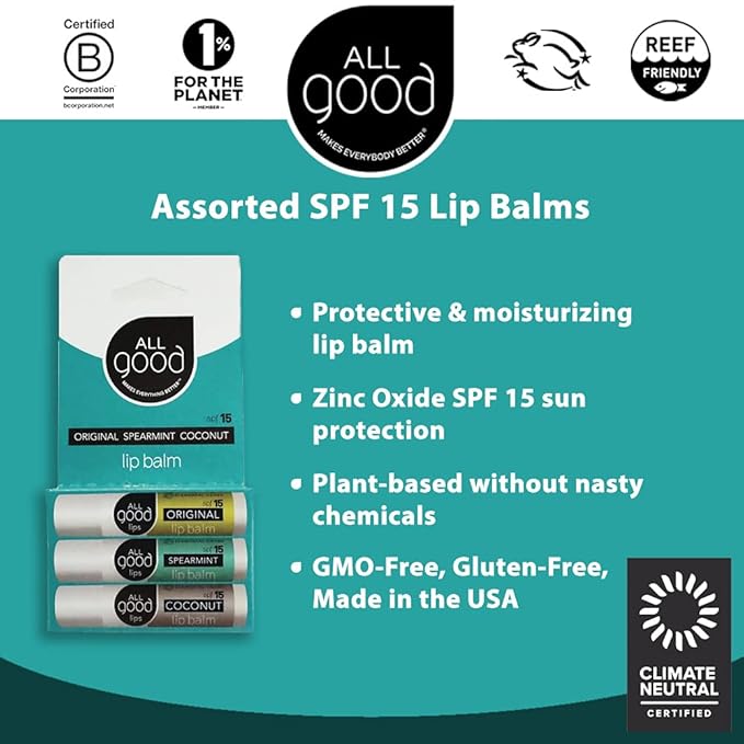All Good Organic SPF15 Lip Balm - Hydrating Lip Care with Olive Oil, Beeswax, Calendula, Lavender, Vitamin E - Lip Moisturizer with Zinc Oxide Protection - Original, Spearmint & Coconut (3-pack)
