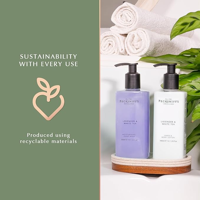 Pecksniff's Handwash Soap and Lotion Set, Stress Reducing, Aromotherapy Cleanser That Leaves Hands Soft and Lightly Scented (Lavender and White Tea, Black Caddy)