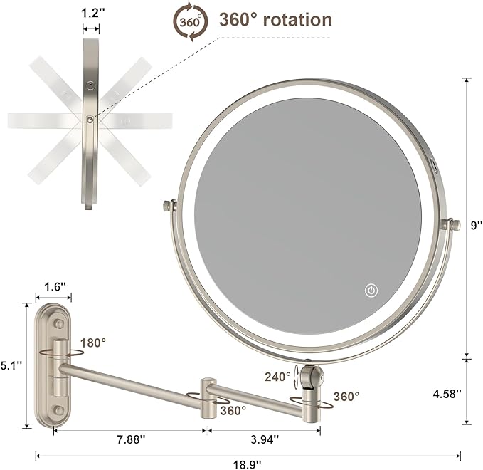 9" Wall Mounted Makeup Lighted Mirror, 4000mAh Rechargeable Double Sided LED Vanity Mirror with Height Adjustable&1X/10X Magnification, 3 Color Lights Bathroom Mirror (9INCH-Nickel)