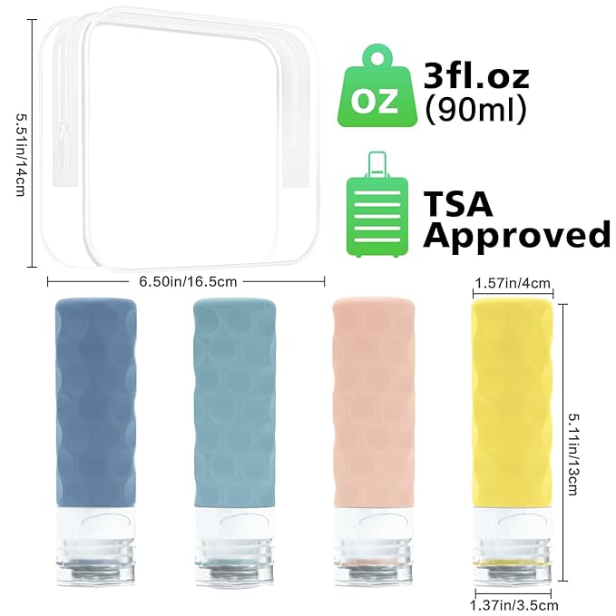 Travel Bottles for Toiletries, 4pcs Tsa Approved 3oz Travel Size Containers, BPA Free Leak Proof Premium Silicone Bottles, Refillable Liquid Squeezable Accessories W/Toiletry Bag(Bright)