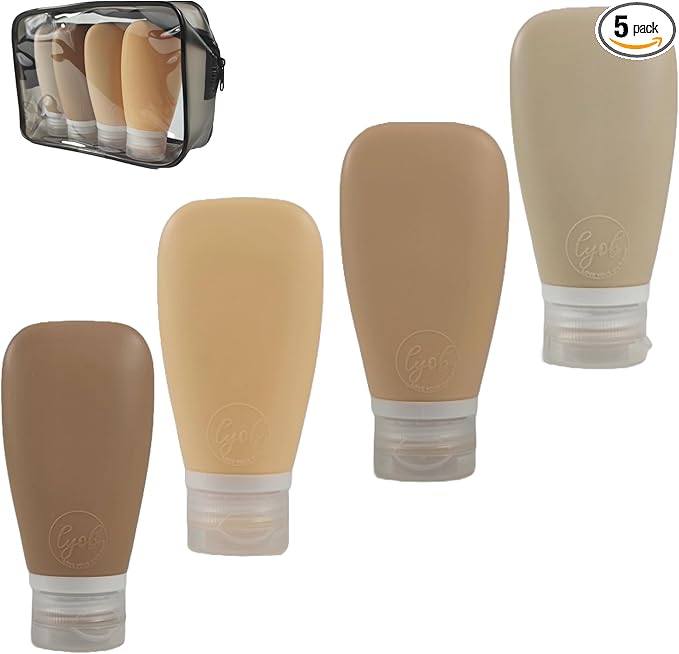 Travel Bottles for Toiletries, TSA Approved 3 oz Leak Proof Silicone Refillable Squeeze Travel Size Containers BPA Free for Cleansers, Lotions, Shampoo w/Clear Bag (Earth Tone Colors)