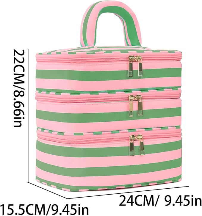 Three Layer Makeup Bag for Women Fashion Stripes Cosmetic Bag Preppy Style Travel Water-Resistant Toiletry Bag for Storage Toiletries Cosmetics Sets for Women Teen Girls Green