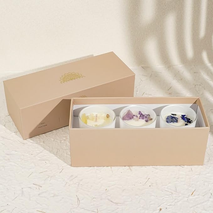 Soy Candles with Healing Crystals. Amethyst, Lazurite, Citrine Crystal. Lavender, Sea Salt & Orchid, French Vanilla. Positivity Energy Gift for Women, 3PC Scented Candle Set 3.5 oz Each