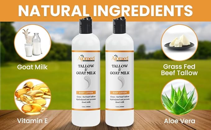 Tallow & Goat Milk Body Lotion for Sensitive Skin, Organic moisturizing Lotion - Soothes Dry skin, Goat Milk face and body Moisturizer - Handmade Tallow for skin cream (12 OZ, Unscented)