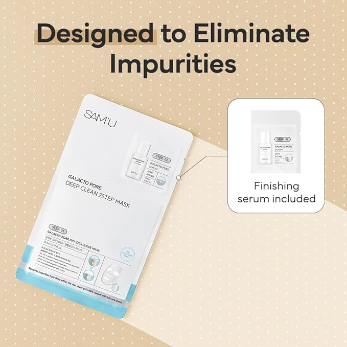 SAM'U Galacto Pore Two Step Mask Pore Cleansing Korean Face Mask, Gentle Pore Care Mask, AHA/BHA/PHA + LHA Exfoliating Formula with Amino Acids & Centella Asiatica for Korean Glass Skin (4 Sheets)