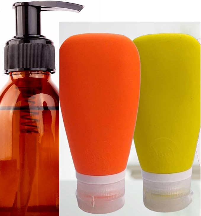 Travel Bottles for Toiletries, TSA Approved 3 oz Leak Proof Silicone Refillable Squeeze Travel Size Containers BPA Free for Cleansers, Lotions, Shampoo for Airplane 2pk (Orange,Yellow)