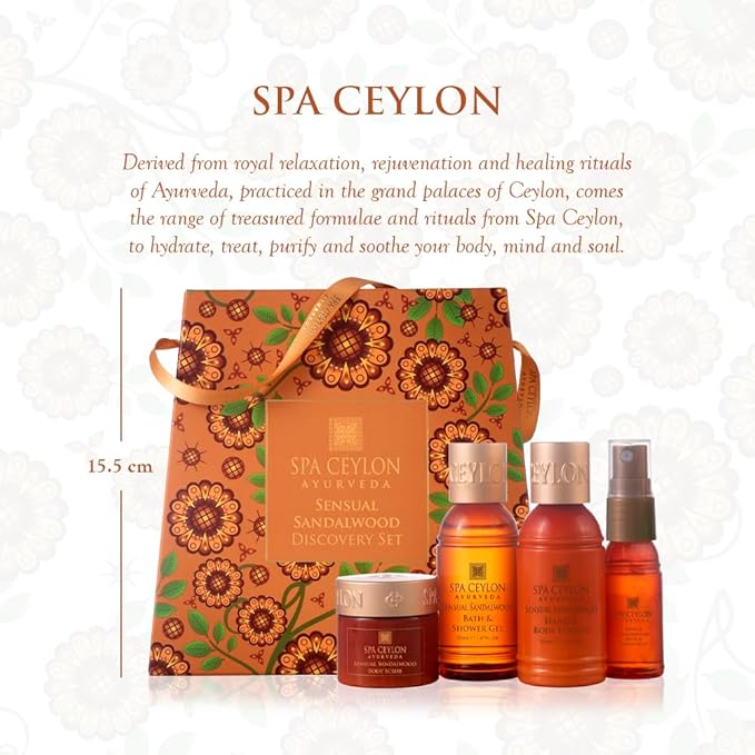Spa Ceylon Sensual Sandalwood Discovery Set | Mind & Body Care Travel Size Set for All Skin Types | Body & Pillow Mist | Bath & Shower Gel | Hand & Body Lotion | Body Scrub