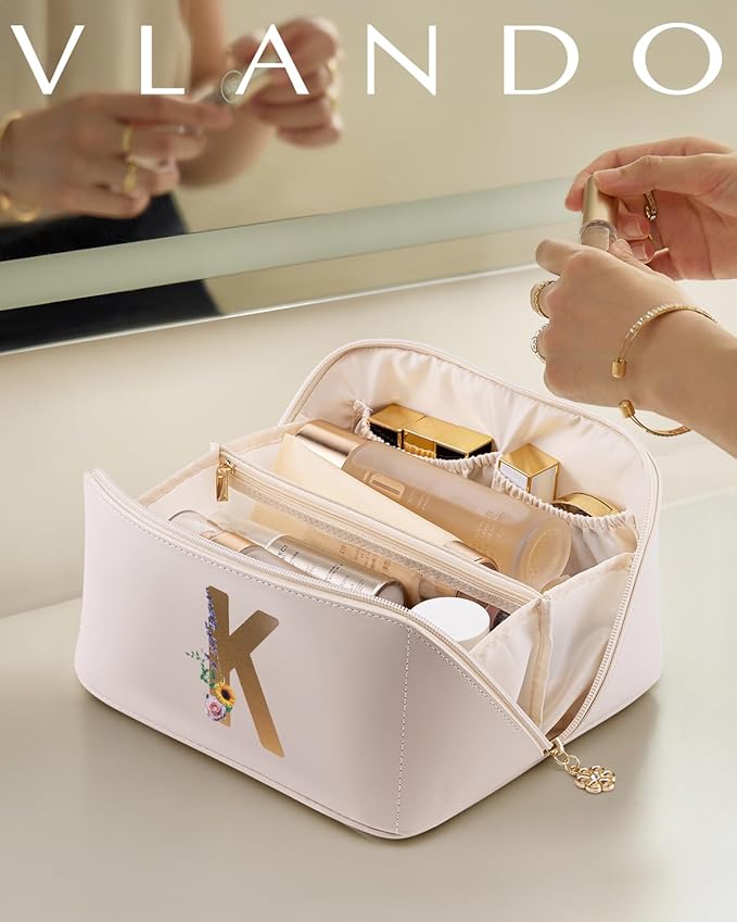 Vlando Preppy Makeup Bag, Monogrammed Gift for Women, PU Leather Travel Toiletry Bag for Women Traveler(Letter K)