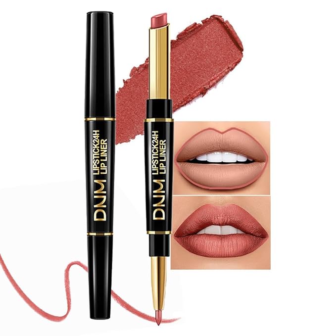2-in-1 Rose Gold Lip-Gloss Lip Liner & Lipstick Set Kit for Women, Matte Lips Kit with Lip Liner Lip Stains Long Lasting Waterproof 24 Hour Lipstick and Lip Liners Combo Lipliners Pencil Set 07