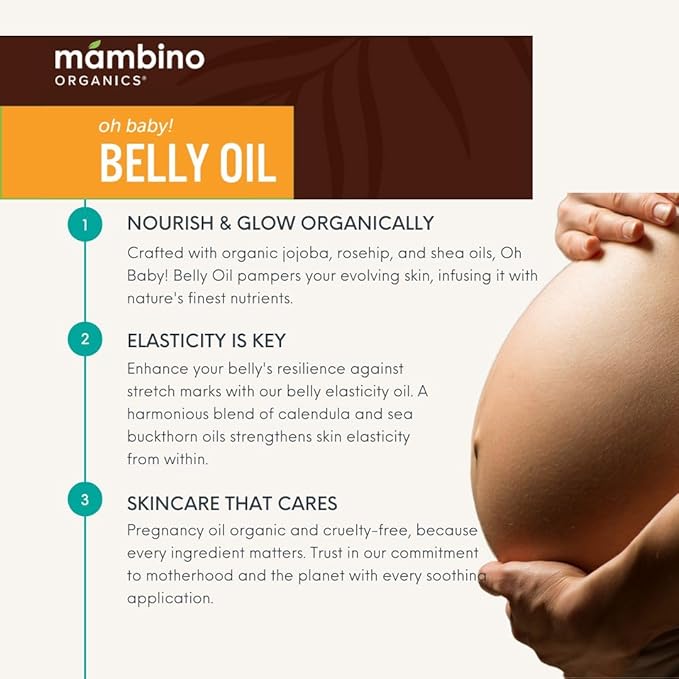 Mambino Organics Oh Baby! Belly Oil for Pregnant Women, Organic Stretch Mark Oil for Pregnancy, Postpartum Skin Elasticity, Hydration, Tamanu, Shea Butter, Calendula, Vegan, Non-GMO, 2 fl oz, 3-Pack