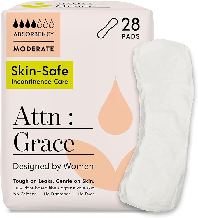 Attn: Grace Moderate Incontinence Pads for Women, 28-Pack - High Absorbency, Breathable, Plant-Based - Incontinence Pads for Moderate Bladder Leaks & Sensitive Skin