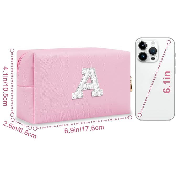 ChaoGreat Bride Gifts – Personalized Initial Makeup Bag with Pearl Rhinestone Patch, Preppy Pink Monogram Cosmetic/Toiletry Pouch, bridesmaid Gifts, Bridal Shower Gifts, Wedding Gifts, Bridal Gifts,A