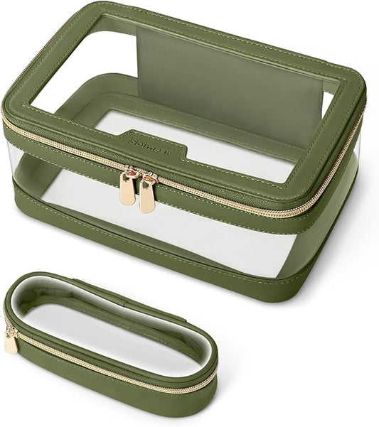 Travel Clear Makeup Bag with Makeup Brush Bag, Leather Makeup Case Toiletry Bag, Portable Cosmetic Bag Case, Transparent Waterproof Cosmetic Organizer Storage Bag for Women, Green