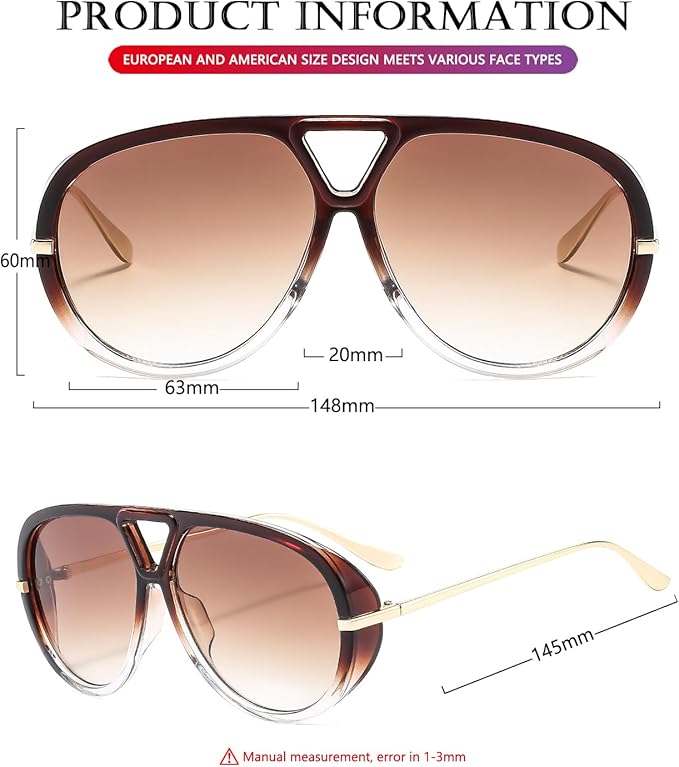 AIEYEZO Oversized Aviator Sunglasses Women Men Fashion Retro Big Frame Sun Glasses Designer Ladies Shades