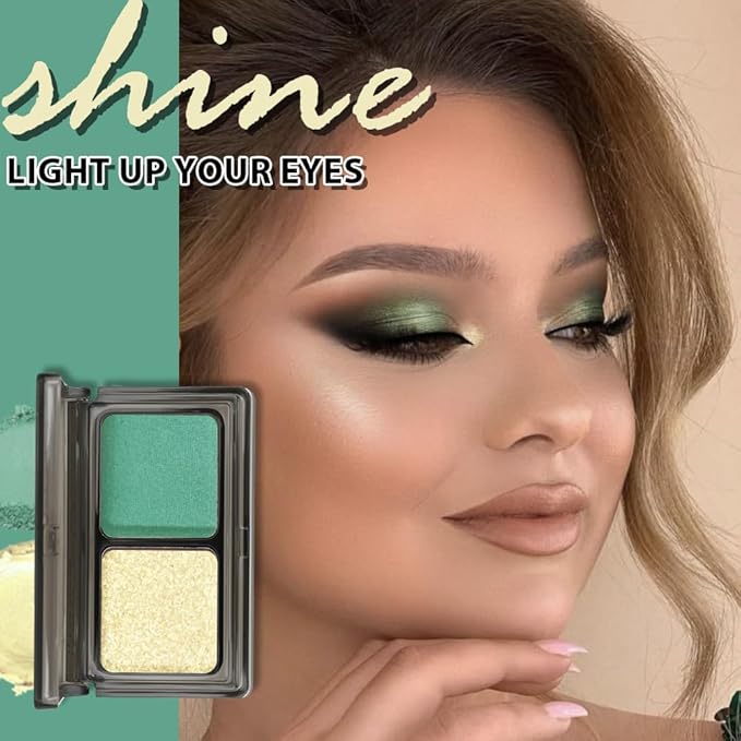 Gold Shimmer Eyeshadow Matte Green Double Colors Palette, High Pigment Eye Shadow Powder, Blendable Smooth and Texture Waterproof, Smudge-proof, Durable and Long-lasting Makeup Palette 03#
