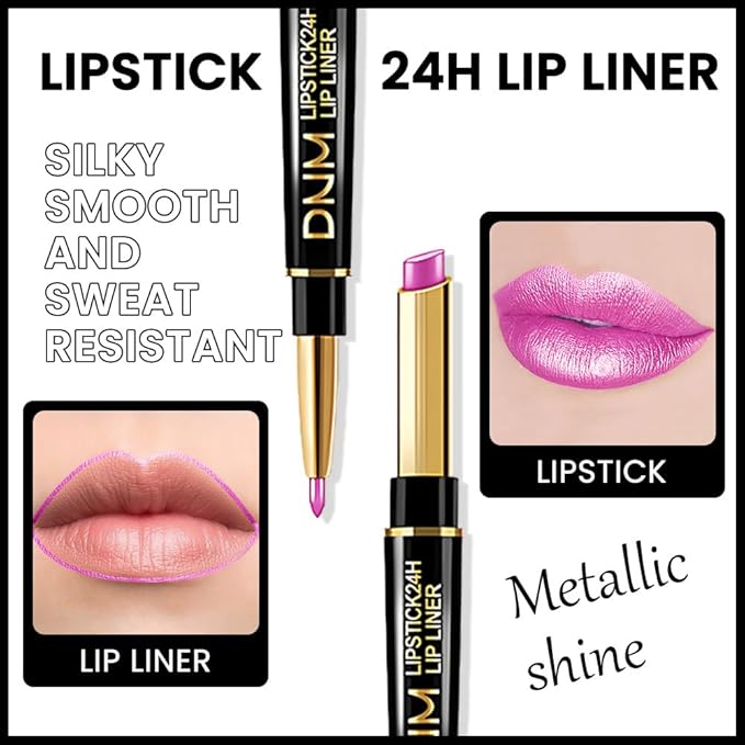 evpct 3Pcs Nude Pink Rose Red Metallic Shine Shimmer Lip Liner and Lipstick Combo Set Kit for Women, Lightweight Hydrating Formula High Impact Full Coverage Lipstick and Lip Liner Makeup Gloss