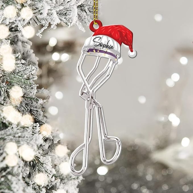 Personalized Name Eyelash Curler Shape Acrylic Flat Ornament, Makeup Ornament, Girl Makeup Artist Christmas Ornament, Makeup Stylist Ornament 102