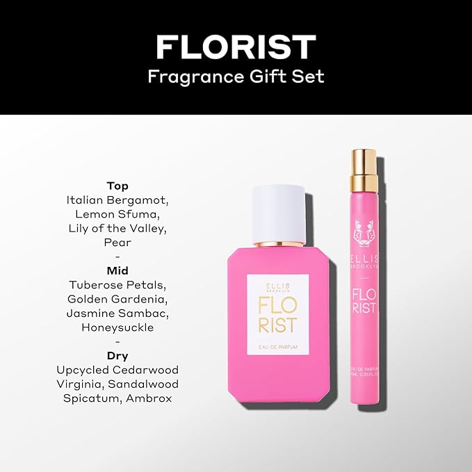 Ellis Brooklyn FLORIST Eau De Parfum Gift Set – Fresh Floral Perfume for Women with Italian Bergamot, Tuberose & Cedarwood – Vegan & Cruelty-Free – Perfect for Mother’s Day! (50ml + 10ml Travel Spray)