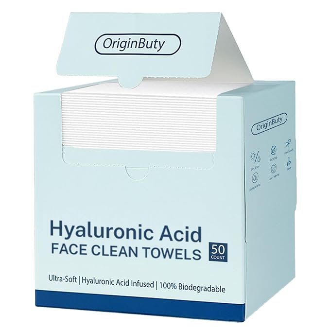 50 Count Hyaluronic Acid Face Towels, Biodegradable Disposable Face Towels, Wash Cloths 10” x 12”, Soft & Skin Friendly Face Towelettes Disposable, XL Facial Towels for Washing Cleansing for Women