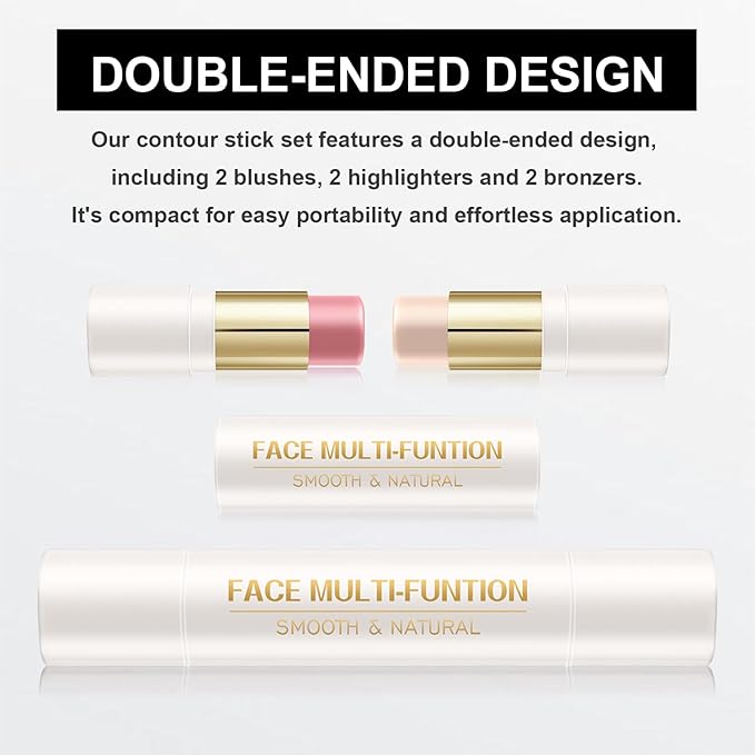 6 Colors Cream Contour Stick Makeup Kit, Shades with Blush, Highlighter and Bronzer,Double Ended Contour Stick for Cheeks, Waterproof and Long Lasting, Matte and Dewy Finish (Set B)