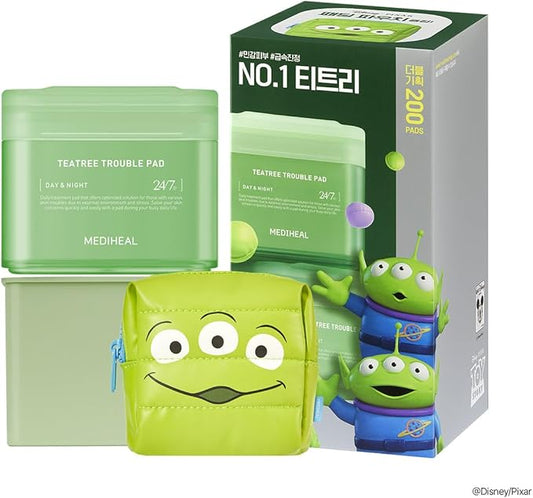 MEDIHEAL Teatree Trouble Toner Pads [Disney Pixar Edition] - Lactobacillus Sensitive Acne Prone Skin - Vegan Face Gauze, Full Size 100 + Refill 100 (200 Pads)