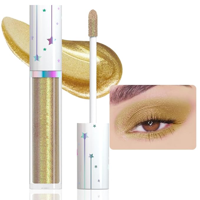 evpct Liquid Shimmery Glitter Eyeshadow Eyeliner, High Pigment Colored Metallic Eyeshadow Stick Eyeliner, Waterproof Long Lasting Sparkle Eye Makeup Set for Women, 14# Satin Sheen Gold