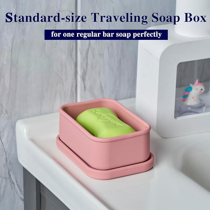 Leak Proof Silicone Travel Soap Case with Draining Layer, Travel Size Toiletry, Portable Soap Container for One Regular Bar Soap Perfectly, Shatter-Proof Soap Holder for Bathroom, Gym (Light Pink)