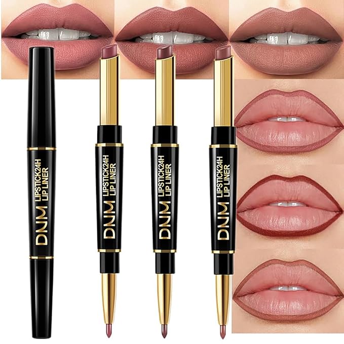 3Pcs Coral Pink, Milk Tea, Rose Mauve Lip Liner and Lipstick Set – Double-Ended 2-in-1 Lip Liner and Matte Lipstick Combo, 24-Hour Wear, Smudge-Proof, Non-Drying, Lightweight, lapiz de labios (Set A)